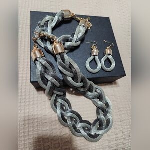 Braided Silver toned Jewelry set Necklace, earring, and bracelet.